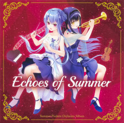 Rule 34 | 2girls, :d, absurdres, album cover, album name, alternate costume, back, back-to-back, bare arms, bare shoulders, conductor baton, black hair, black hairband, blue dress, blue footwear, blue hair, blush, border, braid, breasts, butterfly ornament, collarbone, copyright name, cover, crown braid, dress, dress flower, floating hair, flower, framed, full body, hair between eyes, hair bun, hairband, hands up, high heels, highres, holding, holding instrument, humuyun, instrument, knees together feet apart, kushima kamome, long hair, looking at viewer, medium breasts, midriff, multiple girls, musical note, open mouth, ornate border, piano, red background, red eyes, sidelocks, simple background, single hair bun, sitting, smile, sorakado ao, straight hair, summer pockets, trumpet, very long hair, violin, white dress, white flower, yellow eyes