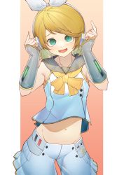 Rule 34 | 1girl, :d, absurdres, arm warmers, bare shoulders, blonde hair, bow, breasts, collarbone, contrapposto, detached sleeves, fangs, fortissimo, green eyes, grey sailor collar, grey sleeves, hair bow, headphones, headset, highres, index finger raised, kagamine rin, kagamine rin (vocaloid4), leg warmers, looking at viewer, midriff, motaing, navel, neckerchief, open mouth, piano print, pleated shorts, sailor collar, sailor shirt, shirt, short hair, shorts, skin fangs, sleeveless, small breasts, smile, solo, standing, stomach, swept bangs, upper body, v4x, vocaloid, white bow, yellow neckerchief