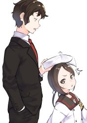 Rule 34 | 1boy, 1girl, ^^^, armband, black jacket, black pants, black sailor collar, blush, brown eyes, brown hair, cat hair ornament, collared shirt, commentary request, formal, hair ornament, hand in pocket, height difference, highres, holding, jacket, long hair, long sleeves, low twintails, necktie, original, pants, paper stack, parted lips, profile, red neckwear, sailor collar, school uniform, serafuku, shirt, simple background, suit, sweat, swept bangs, twintails, v-shaped eyebrows, white background, white shirt, yuki arare