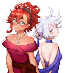 Rule 34 | 2girls, backless dress, backless outfit, bare shoulders, black hairband, blue dress, breasts, cleavage, collarbone, commentary request, cowboy shot, dress, folks (nabokof), grey eyes, grey hair, gundam, gundam suisei no majo, hair between eyes, hair bun, hairband, jewelry, light blush, looking at viewer, miorine rembran, multiple girls, necklace, red dress, red hair, shoulder blades, single hair bun, small breasts, suletta mercury, tan, thick eyebrows, tiara, white background