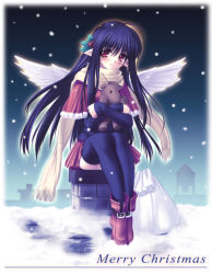 Rule 34 | 1girl, bird wings, black thighhighs, blue hair, blush, capelet, christmas, hair ornament, holly, holly hair ornament, long hair, looking at viewer, merry christmas, na-ga, night, night sky, pointy ears, red eyes, reindeer, rooftop, sack, santa costume, scarf, sitting, skirt, sky, snow, snowing, solo, thighhighs, white wings, wings
