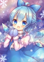 Rule 34 | 1girl, ahoge, blue bow, blue dress, blue eyes, blue hair, blue wings, blush, bow, cirno, coa (chroo x), dress, hair between eyes, hair bow, hands up, ice, ice wings, long sleeves, looking at viewer, mittens, open mouth, own hands together, plaid, plaid scarf, scarf, short hair, smile, snowflakes, solo, touhou, white scarf, wings, winter