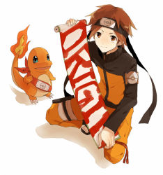 Rule 34 | 1boy, brown eyes, brown hair, charmander, cosplay, creatures (company), flame-tipped tail, forehead protector, game freak, gen 1 pokemon, headband, kneeling, knees, male focus, naruto, naruto (series), nintendo, pokemon, pokemon origins, red (pokemon), red (pokemon frlg), scroll, simple background, smile, takeuchi junko, tanisakiho, uzumaki naruto, uzumaki naruto (cosplay), voice actor connection, white background