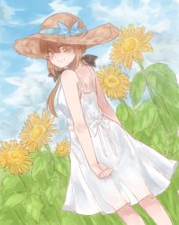 Rule 34 | 1girl, alternate costume, az toride, blue ribbon, cloud, cloudy sky, day, dress, flower, hair ornament, hairclip, hat, kantai collection, looking at viewer, looking back, ribbon, sky, solo, star (symbol), straw hat, sunflower, tashkent (kancolle), white dress