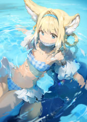 Rule 34 | 1girl, animal ear fluff, animal ears, anmi, arknights, bare shoulders, bikini, blonde hair, blue bikini, blue eyes, blue hairband, blush, braid, braided hair rings, bubble, commentary, cowboy shot, fox ears, hair rings, hairband, highres, innertube, looking at viewer, material growth, navel, oripathy lesion (arknights), partially submerged, reclining, sketch, solo, sparkle, suzuran (arknights), swim ring, swimsuit, water