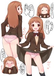 Rule 34 | &gt; &lt;, 1girl, :&gt;, :d, a channel, ass, bad id, bad pixiv id, black jacket, black skirt, black socks, blazer, blush, bow, bow panties, bowtie, brown eyes, brown hair, character request, chibi, clenched hands, closed eyes, clothes lift, collared shirt, embarrassed, flying sweatdrops, frilled panties, frills, hands on own cheeks, hands on own face, heart, highres, jacket, kneehighs, long hair, long sleeves, looking at viewer, motion lines, multiple views, nose blush, open mouth, panties, pink panties, pleated skirt, profile, school uniform, shirt, sideways mouth, skirt, skirt lift, smile, socks, speech bubble, standing, striped bow, striped bowtie, striped clothes, striped neckwear, sweater vest, translation request, underwear, wavy mouth, white background, white shirt, wing collar, yoi naosuke