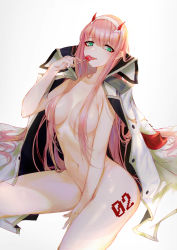 Rule 34 | 10s, 1girl, absurdres, aqua eyes, blunt bangs, blush, breasts, buttons, candy, coat, darling in the franxx, drooling, food, green eyes, hairband, highres, horns, lollipop, long hair, looking at viewer, makeup, medium breasts, navel, pink hair, solo, straight hair, tattoo, tongue, tongue out, white background, white coat, white hairband, xing, zero two (darling in the franxx)