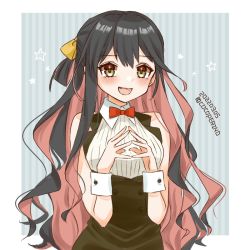 Rule 34 | 1girl, alternate costume, black dress, black hair, blush, border, cocoperino, collared shirt, dated, dress, fang, hair between eyes, kantai collection, long hair, multicolored hair, naganami (kancolle), one-hour drawing challenge, open mouth, pink hair, shirt, smile, solo, star (symbol), twitter username, upper body, wavy hair, white border, white shirt, wrist cuffs, yellow eyes