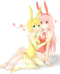 Rule 34 | 2girls, absurdres, akagi kurage, animal ears, aqua eyes, arm grab, arm support, bare shoulders, blonde hair, blush, bow, bowtie, breasts, rabbit ears, detached collar, elbow gloves, eye contact, fake animal ears, female focus, gloves, green eyes, happy, heart, highres, hug, kneeling, leotard, long hair, looking at another, multiple girls, open mouth, pink gloves, pink hair, playboy bunny, red eyes, short hair, sitting, small breasts, smile, yellow gloves, yuri