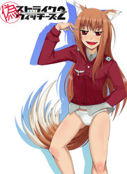 Rule 34 | 1girl, animal ears, brown hair, charlotte e. yeager, charlotte e yeager (cosplay), cosplay, fangs, holo, koshimizu ami, long hair, military, military uniform, panties, parody, red eyes, sakekan, salmon (tajigen console), solo, spice and wolf, strike witches, tail, underwear, uniform, voice actor connection, white panties, wolf ears, wolf tail, world witches series