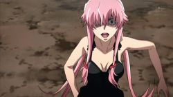 Rule 34 | 1girl, animated, animated gif, black dress, breasts, cleavage, crazy, crazy eyes, dress, gasai yuno, long hair, lowres, machete, mirai nikki, pink hair, running, smile, solo, weapon