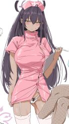 Rule 34 | 1girl, ahoge, black hair, blue archive, blush, bottomless, breasts, button gap, buttons, clearite, clipboard, dark-skinned female, dark skin, dress, female pubic hair, halo, hat, highres, karin (blue archive), large breasts, long hair, looking at viewer, nurse, nurse cap, panties, pink dress, pink hat, pubic hair, short dress, short sleeves, solo, thighhighs, thighs, undersized clothes, underwear, white panties, white thighhighs, yellow eyes