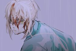 Rule 34 | 1girl, blonde hair, blood, blood on face, expressionless, fate (series), grey background, hair over eyes, haori, japanese clothes, koha-ace, leaning to the side, looking at viewer, noz 2to, okita souji (fate), okita souji (koha-ace), parted lips, portrait, rain, short hair, simple background, solo, yellow eyes