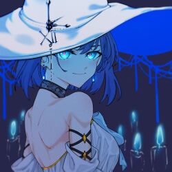 Rule 34 | 1girl, black choker, blue eyes, blue hair, choker, clothing cutout, dress, earrings, elden ring, hair intakes, hat, highres, hololive, hololive english, jewelry, looking at viewer, medium hair, ouro kronii, ranni the witch, roman numeral, shoulder cutout, smile, solo, upper body, virtual youtuber, white dress, witch hat, yuutomeh