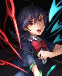 Rule 34 | 1girl, asymmetrical wings, black dress, black hair, blue wings, center frills, dress, frills, highres, holding, holding weapon, houjuu nue, looking at viewer, open mouth, polearm, red eyes, red wings, shidaccc, snake, solo, touhou, trident, weapon, wings