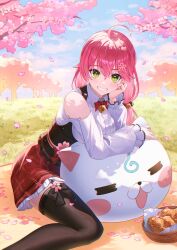 Rule 34 | 1girl, 35p (sakura miko), absurdres, ahoge, bell, black thighhighs, bodice, bow, bowtie, cherry blossoms, clothing cutout, collared shirt, commentary, day, double-parted bangs, feet out of frame, flower, food, frilled skirt, frilled sleeves, frills, garter straps, grass, green eyes, grin, hair between eyes, hair flower, hair ornament, hairclip, hand on own chin, highres, hololive, jingle bell, long hair, long sleeves, looking at viewer, low twintails, miniskirt, neck bell, official alternate costume, official alternate hairstyle, outdoors, pink hair, plaid, plaid skirt, red bow, red bowtie, red skirt, sakura miko, sakura miko (casual), shirt, shoulder cutout, sitting, skirt, smile, solo, star-ring, taiyaki, thighhighs, twintails, underbust, virtual youtuber, wagashi, wariza, white shirt