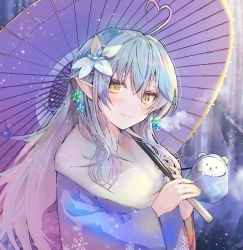Rule 34 | 1girl, ahoge, blue flower, blue hair, blue kimono, blurry, blurry background, blush, breath, brown eyes, closed mouth, commentary request, daifuku (yukihana lamy), depth of field, eyebrows hidden by hair, flower, fur collar, glowing, hair between eyes, hair flower, hair ornament, half updo, heart, heart ahoge, highres, holding, holding umbrella, hololive, japanese clothes, kimono, long hair, long sleeves, looking at viewer, multicolored hair, oil-paper umbrella, pointy ears, purple umbrella, smile, snowing, solo, streaked hair, tomozero, tree, umbrella, upper body, very long hair, virtual youtuber, white flower, wide sleeves, yukihana lamy
