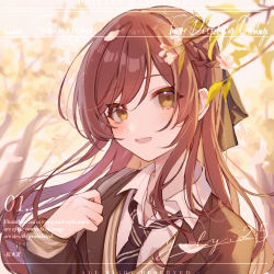 Rule 34 | 1girl, bag, black bow, blurry, blurry background, blush, bow, braid, branch, breasts, brown hair, brown jacket, cardigan, carrying bag, commentary request, english text, hair between eyes, hair bow, half updo, highres, holding, holding bag, idolmaster, idolmaster shiny colors, jacket, leaf, long hair, looking at viewer, loose necktie, medium breasts, meiko shinoki, necktie, numbered, open mouth, osaki amana, over shoulder, school uniform, shirt, smile, solo, straight hair, tree, upper body, white shirt, yellow cardigan, yellow eyes
