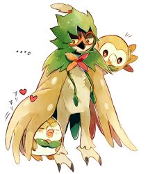 Rule 34 | ..., animal focus, bird, bow, bowtie, bright pupils, commentary request, creatures (company), decidueye, full body, game freak, gen 7 pokemon, green bow, green bowtie, heart, looking at another, nintendo, no humans, notice lines, okii, owl, pokemon, pokemon (creature), rowlet, standing, under wing, white background, white pupils, yellow eyes