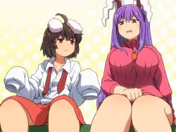 Rule 34 | 2girls, ahoge, animal ears, black hair, breasts, carrot necklace, closed mouth, commentary request, cosplay, costume switch, dress, expressionless, feet out of frame, floppy sleeves, frills, from below, hair between eyes, huge breasts, inaba tewi, jewelry, knees together feet apart, long hair, looking at another, looking down, multiple girls, necklace, necktie, open mouth, pink dress, purple hair, rabbit ears, red eyes, reisen udongein inaba, shirosato, shirt, short hair, sitting, skirt, skirt tug, sleeves past fingers, sleeves past wrists, touhou, undone necktie, very long hair, white shirt, wing collar