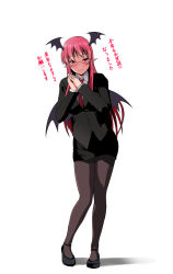Rule 34 | 1girl, alternate costume, bat wings, bespectacled, black footwear, black jacket, black pantyhose, black skirt, blush, breasts, closed mouth, collared shirt, commentary request, demon girl, full body, glasses, head wings, jacket, koakuma, leaning to the side, long hair, long sleeves, medium breasts, miniskirt, necktie, office lady, own hands together, pantyhose, pencil skirt, pink hair, pointy ears, red-framed eyewear, red necktie, semi-rimless eyewear, shirt, shoes, simple background, skirt, smile, solo, standing, touhou, translation request, tsurime, under-rim eyewear, white background, white shirt, wing collar, wings, yumi (careca398)