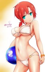 Rule 34 | 1girl, aqua eyes, bad id, bad pixiv id, ball, beachball, bikini, boudica (fate), breasts, closed mouth, fate/grand order, fate (series), franz (217franz), front-tie bikini top, front-tie top, gradient background, head tilt, highres, large breasts, looking at viewer, multi-strapped bikini bottom, navel, o-ring, o-ring bottom, orange background, red hair, short hair, sideboob, skindentation, smile, solo, swimsuit, twintails, twitter username, underboob, white bikini, wide hips
