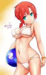 1girl aqua_eyes bad_id bad_pixiv_id ball beachball bikini boudica_(fate) breasts closed_mouth fate/grand_order fate_(series) female_focus franz_(217franz) front-tie_bikini_top front-tie_top gradient_background head_tilt highres large_breasts looking_at_viewer multi-strapped_bikini_bottom navel o-ring o-ring_bottom orange_background red_hair short_hair sideboob skindentation smile solo swimsuit twintails twitter_username underboob white_bikini wide_hips