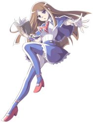 Rule 34 | 1girl, ascot, blue eyes, blue thighhighs, book, brown hair, capelet, castlevania (series), castlevania: portrait of ruin, charlotte aulin, dress, full body, long hair, looking at viewer, open mouth, ryona gentleman, simple background, skirt, solo, thighhighs, white background
