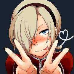 Rule 34 | 1boy, androgynous, ash crimson, black nails, blonde hair, blue eyes, blush, cheerio, face, fingernails, freckles, headband, long fingernails, looking at viewer, male focus, nail polish, simple background, solo, the king of fighters, tongue, tongue out, v