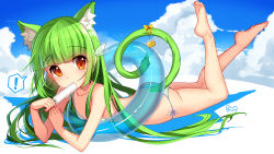 Rule 34 | !, 1girl, :3, animal ears, animal print, artist name, ass, barefoot, bikini, bison cangshu, blue sky, blunt bangs, bow, breasts, cat ears, cat print, cat tail, cloud, day, eyebrows, feet, food, full body, green bikini, green hair, hair ornament, highres, holding, holding food, innertube, legs up, long hair, looking at viewer, lying, moegirlpedia-tan, on stomach, os-tan, popsicle, red eyes, side-tie bikini bottom, signature, sky, small breasts, solo, spoken exclamation mark, string bikini, striped bikini, striped clothes, summer, sweat, swim ring, swimsuit, tail, tail bow, tail ornament, the pose, transparent, very long hair, yellow bow