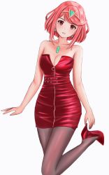 Rule 34 | 1girl, absurdres, breasts, chest jewel, cleavage, dress, earrings, high heels, highres, jewelry, langspower, medium breasts, pyra (xenoblade), red dress, red eyes, red hair, red heels, short hair, solo, standing, standing on one leg, tiara, white background, xenoblade chronicles (series), xenoblade chronicles 2