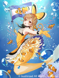 Rule 34 | 1girl, :o, armpits, brown eyes, brown hair, bubble, cardfight!! vanguard, clownfish, commentary request, copyright notice, dress, fish, flag, frilled dress, frills, full body, gloves, hairband, holding, holding flag, long hair, looking at viewer, mermaid, miyoshino, monster girl, neck ribbon, official art, outstretched arm, ribbon, sleeveless, sleeveless dress, solo, sunlight, tropical fish, underwater, yellow dress, yellow gloves