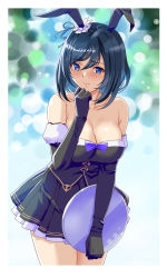 Rule 34 | 1girl, animal ears, bare shoulders, black gloves, blue eyes, blue hair, blurry, blush, bob cut, bokeh, border, bow, breasts, cleavage, closed mouth, collarbone, commentary, cowboy shot, depth of field, detached sleeves, eishin flash (umamusume), elbow gloves, fake animal ears, frilled skirt, frills, gloves, gold trim, hair between eyes, hand up, highres, holding, holding tray, horse girl, large breasts, leotard, looking away, medium hair, nontraditional playboy bunny, playboy bunny, purple bow, shiny skin, shy, skirt, solo, switch01, tray, umamusume, wavy mouth, white border