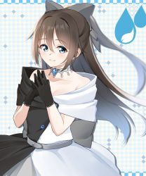 Rule 34 | 1girl, 89ru0, argyle, argyle background, argyle clothes, belt, black dress, black gloves, blue background, blue eyes, blurry, bow, brown hair, choker, closed mouth, collarbone, commentary, depth of field, dress, gloves, grey belt, grey bow, hair bow, half updo, highres, blue background, long hair, looking at viewer, love live!, love live! nijigasaki high school idol club, off-shoulder dress, off shoulder, osaka shizuku, seamed gloves, smile, solitude rain (love live!), solo, steepled fingers, two-tone dress, white dress