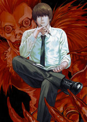 Rule 34 | 2boys, absurdres, black background, black footwear, black necktie, black pants, book, brown hair, closed mouth, collared shirt, crossed legs, death note, dress shirt, feet out of frame, hand up, head rest, highres, holding, holding book, holding pen, invisible chair, long sleeves, looking at viewer, male focus, multiple boys, necktie, oki xfourty, open book, pants, pen, projected inset, ryuk, shirt, shoes, sitting, solo focus, white shirt, yagami light