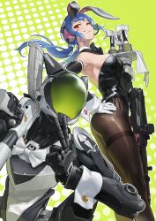 Rule 34 | 1girl, 1other, absurdres, android, animal ears, ass, black bow, black bowtie, black leotard, blue eyes, blue hair, bow, bowtie, breasts, brown pantyhose, bypos, detached sleeves, fake animal ears, gloves, grin, gun, hand on own hip, headphones, headset, helmet, highres, holding, holding gun, holding tray, holding weapon, large breasts, leotard, long hair, looking at viewer, low twintails, original, pantyhose, playboy bunny, red eyes, simple background, smile, thighband pantyhose, tray, twintails, two-tone background, v, weapon, white bow, white gloves, wrist cuffs