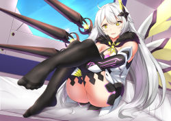 Rule 34 | 1girl, ahoge, armor, armored dress, ass, bare shoulders, black thighhighs, blush, breasts, commentary, dark persona, dress, elbow gloves, energy wings, feet, floating, floating object, floating weapon, fur-trimmed dress, fur trim, gloves, hair between eyes, hair ornament, holding legs, honkai (series), honkai impact 3rd, indoors, jewelry, kiana kaslana, kiana kaslana (herrscher of the void), large breasts, long hair, looking at viewer, medium breasts, no shoes, open mouth, polearm, sheita, sidelocks, silver hair, single elbow glove, sitting, solo, spear, thighhighs, very long hair, weapon, yellow eyes