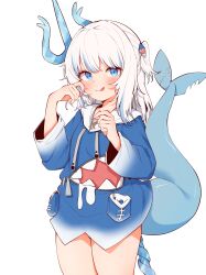 Rule 34 | 1girl, :q, absurdres, blue eyes, blue hair, blush, cowboy shot, fins, fish tail, gawr gura, hair ornament, hands up, highres, hololive, hololive english, long sleeves, looking at viewer, lpleader, multicolored hair, polearm, shark hair ornament, shark tail, solo, standing, streaked hair, tail, tongue, tongue out, trident, virtual youtuber, weapon, white hair