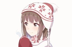 Rule 34 | 1girl, brown eyes, brown hair, closed mouth, gloves, hat, kinuhata saiai, mittens, nemu mohu, portrait, red gloves, short hair, simple background, smile, solo, toaru majutsu no index, white background, white hat