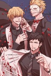 Rule 34 | 3boys, arm up, black hair, black shirt, black suit, blonde hair, blood, blood on clothes, blood on face, bow, bowtie, branch, cigarette, cross, cross necklace, donquixote doflamingo, donquixote rocinante, earrings, facial hair, falling petals, formal, goatee, halloween costume, hand tattoo, highres, holding, holding syringe, jewelry, looking at viewer, multiple boys, necklace, one piece, petals, priest, red bow, red bowtie, red eyes, scissors, shirt, short hair, smile, starch syrup, suit, syringe, tattoo, trafalgar law, white suit, yellow eyes