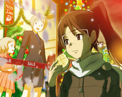 Rule 34 | 00s, 3girls, amasawa yuuko, beard, bell, bread, brown eyes, brown hair, christmas, christmas ornaments, christmas stocking, christmas tree, dennou coil, eating, english text, facial hair, food, gift, glasses, hajime (caramel toone), melon bread, merry christmas, multiple girls, open mouth, santa claus, smile, solo focus, star (symbol), twintails, upper body