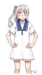 Rule 34 | blush, brown eyes, collarbone, cosplay, cosplay request, dress, frown, grey hair, hands on own hips, hat, kantai collection, kasumi (kancolle), kawashina (momen silicon), long hair, sailor dress, sidelocks