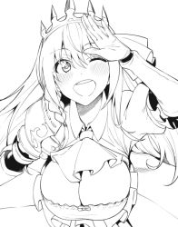 Rule 34 | 1girl, amano don, blush, braid, breasts, cleavage, gauntlets, greyscale, hand over face, large breasts, long hair, monochrome, one eye closed, open mouth, pecorine (princess connect!), princess connect!, simple background, solo, tiara, ub