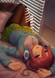 Rule 34 | 1girl, :o, absurdres, arm up, bada (jksh5056), bed, window blinds, blue cardigan, blue eyes, blush, breasts, brown hair, brown pantyhose, buttons, cardigan, collared shirt, day, go-toubun no hanayome, green skirt, hair between eyes, hand up, headphones, highres, indoors, knees up, large breasts, long hair, long sleeves, looking at viewer, lying, miniskirt, nakano miku, on back, on bed, open mouth, pantyhose, pillow, pleated skirt, school uniform, shade, shirt, sidelocks, skirt, solo, sunlight, thighband pantyhose, undershirt, upside-down, white shirt