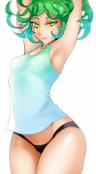 Rule 34 | 1girl, armpits, arms up, black panties, curly hair, eyelashes, female focus, green hair, highres, lips, looking at viewer, one-punch man, panties, short hair, simple background, solo, tatsumaki, thighs, underwear, white background