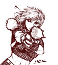 Rule 34 | 1girl, aiming, aiming at viewer, breasts, casing ejection, crop top, firing, gloves, gun, handgun, holding, holding gun, holding weapon, large breasts, midriff, monochrome, muzzle flash, original, partially fingerless gloves, pistol, shell casing, short hair, simple background, sketch, solo, taikyokuturugi, weapon