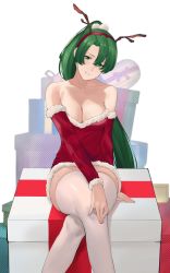 Rule 34 | 1girl, antlers, bare shoulders, box, breasts, cleavage, collarbone, commentary, crossed legs, detached sleeves, dress, english commentary, eyelashes, fake antlers, feet out of frame, fire emblem, fire emblem: the blazing blade, fur-trimmed dress, fur-trimmed sleeves, fur trim, gift, gift box, green eyes, green hair, hair between eyes, hand on own knee, head tilt, headband, highres, horns, j@ck, large breasts, long hair, long sleeves, looking at viewer, lyn (fire emblem), nintendo, parted lips, ponytail, red dress, reindeer antlers, sidelocks, simple background, sitting, solo, thighhighs, very long hair, white background, white thighhighs, zettai ryouiki