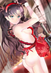 Rule 34 | 119, 1girl, apron, apron lift, ass, back, blue eyes, breasts, brown hair, clothes lift, curtains, fate/stay night, fate (series), frills, gloves, hair ribbon, hairband, hand up, highres, hip focus, indoors, long hair, looking at viewer, looking back, medium breasts, naked apron, parted bangs, ribbon, sideboob, solo, tohsaka rin, two side up, window