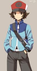Rule 34 | 1boy, bag, belt buckle, black shirt, blouse, blue jacket, brown eyes, brown hair, buckle, closed mouth, commentary request, creatures (company), dated, game freak, grey background, grey pants, hands in pockets, hat, highres, hilbert (pokemon), jacket, long sleeves, male focus, messenger bag, nintendo, pants, poke ball print, pokemon, pokemon bw, red hat, shirt, short hair, shoulder bag, signature, smile, solo, yamamori kinako