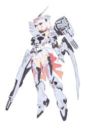 Rule 34 | armored core, armored core 6, bare shoulders, colored inner hair, ephemera (armored core 6), full body, highres, kumichou (ef65-1118-ef81-95), mecha musume, mechanical arms, mechanical legs, microskirt, multicolored hair, orange hair, personification, red eyes, short hair, skirt, thighs, weapon, white background, white hair
